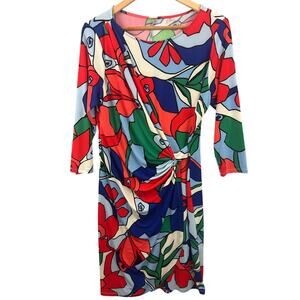 Tahari Floral Abstract Knot Front Dress Multicolor 3/4 Sleeve Size 12
